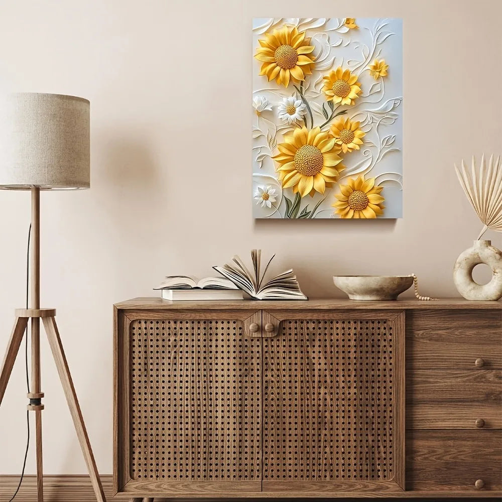 3D relief sunflower canvas art with wood frame, vivid yellow wall printing in living room and bedroom, Christmas home decor