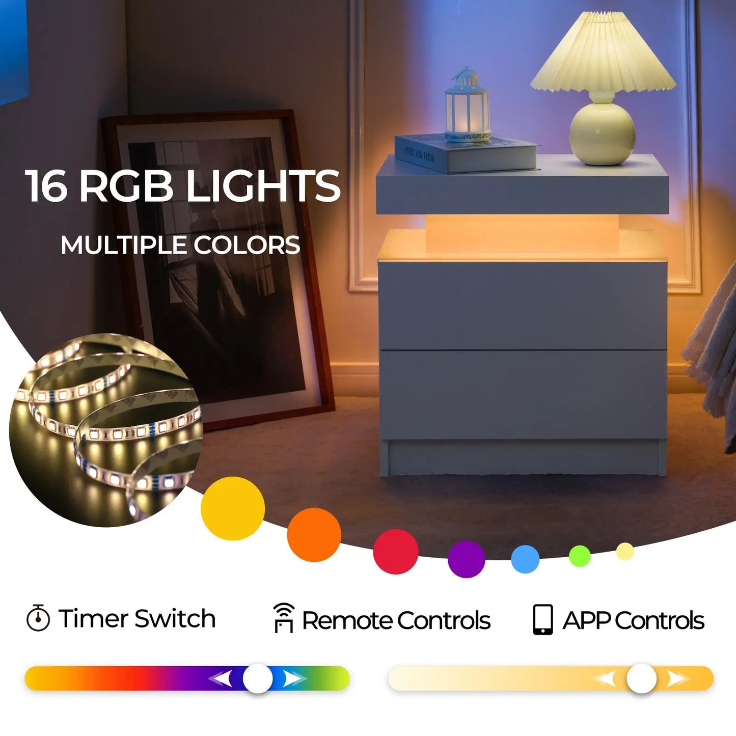 Cubehom LED Nightstand Set of 2 With Drawers Bedside Tables