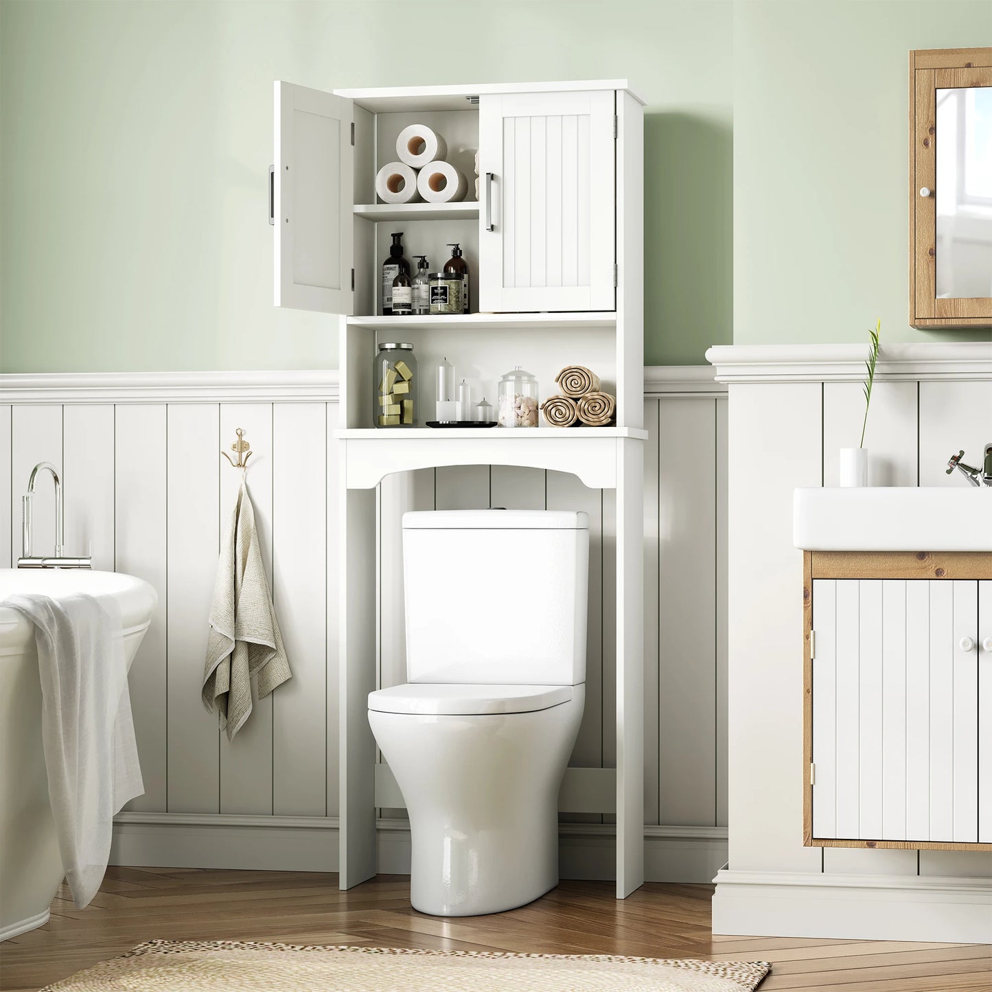 Over The Toilet Storage Cabinet with Double Doors and Anti-Tip Device, Above Toilet Bathroom Organizer with Open Shelf, Taller