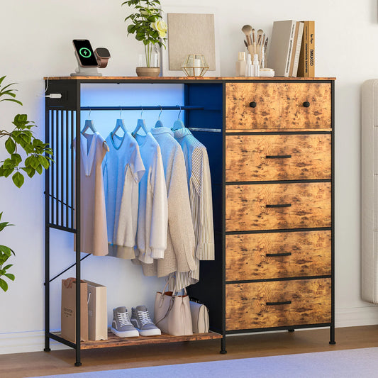 150cm Chest of Drawers, Reversible 6 Fabric Drawers Hanging Rack Dresser Closet w/LED Lights & Charging Station for Kids Bedroom