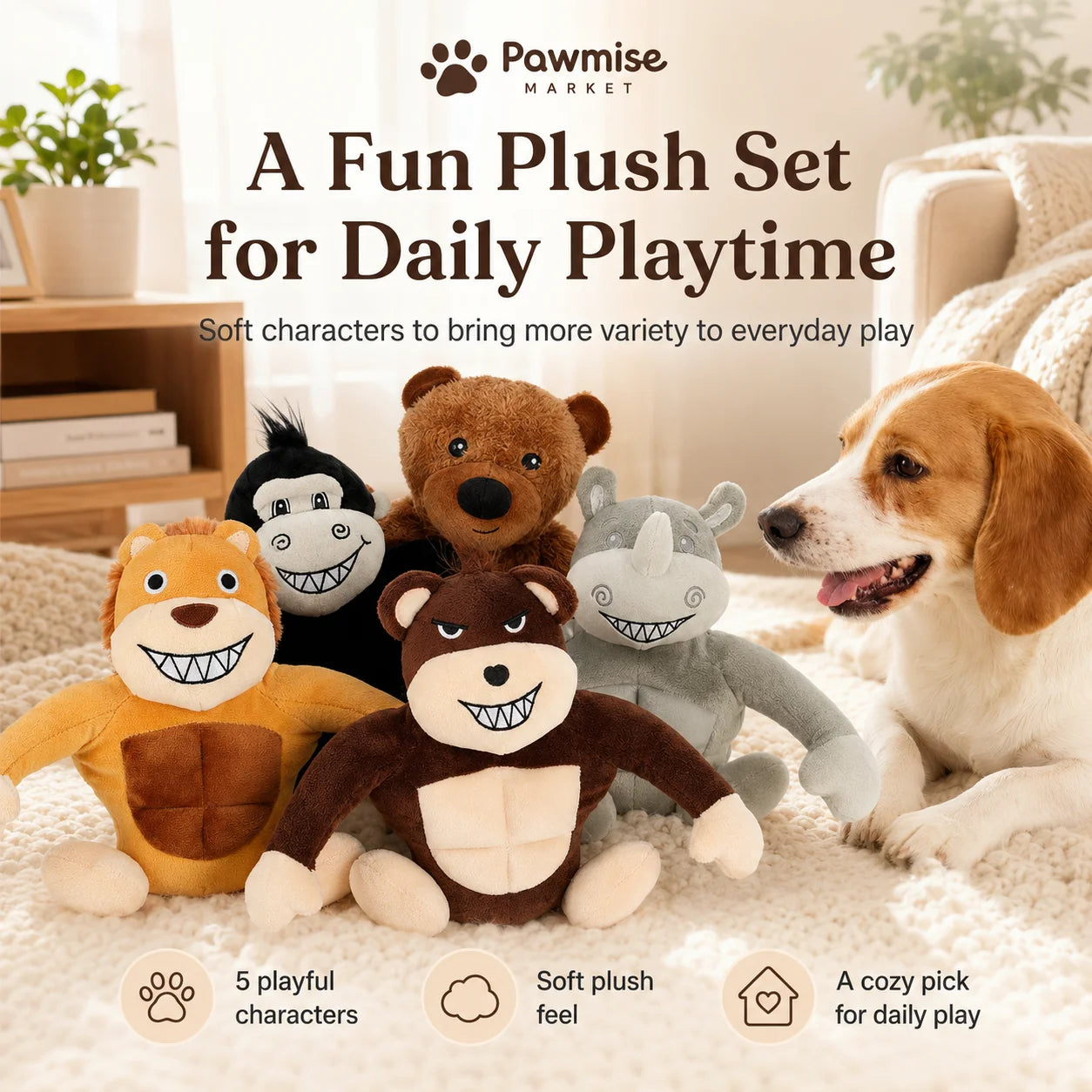 Squeaky Plush Pet Toy Set Lion Bear Rhino Monkey Chimp