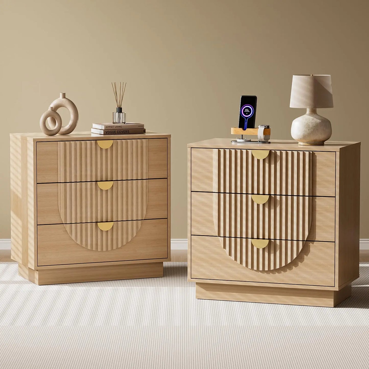 Three Drawer Nightstand With Charging Station Modern Wood Bedside Table