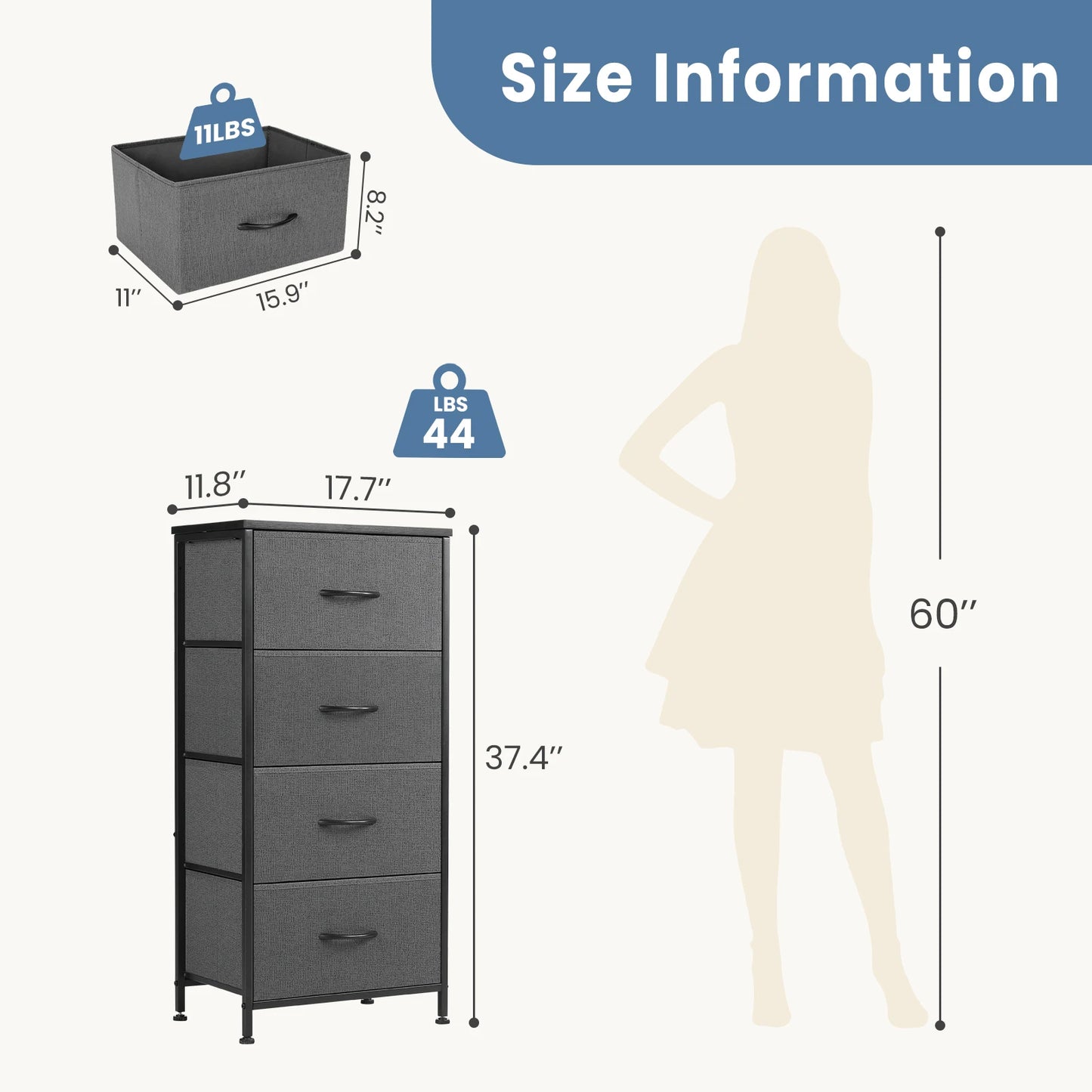 JHK Dresser With Four Fabric Drawers Nightstand Wardrobe Steel Frame