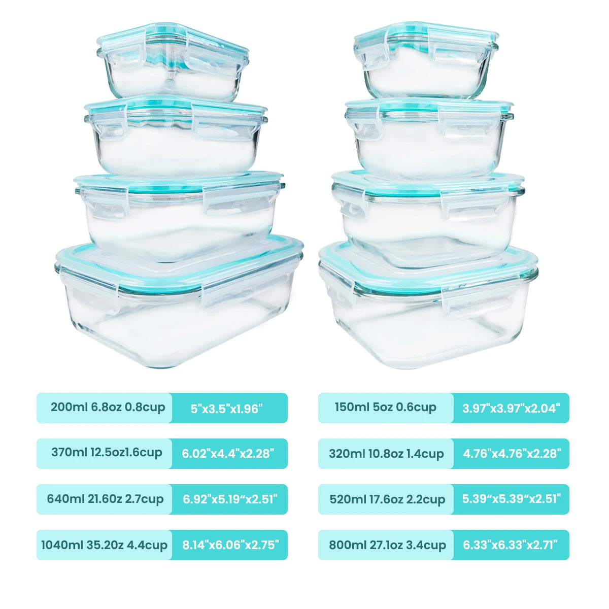 8pcs Glass Food Storage Containers Set Lunch Box Leakproof Airtight Microwave & Oven Safe Stackable Kitchen Organizers